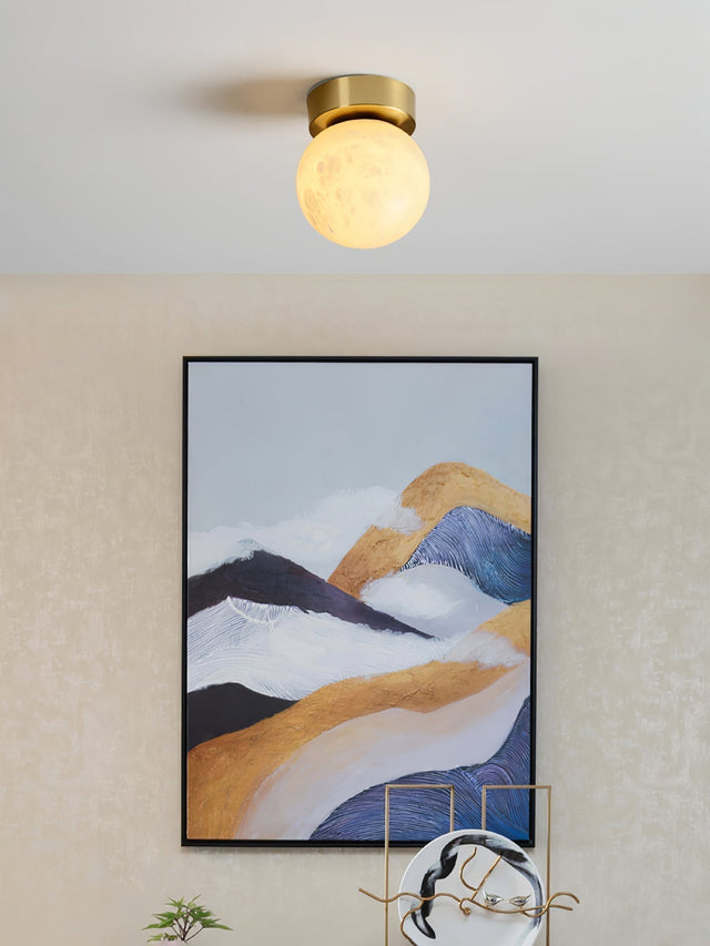 Modern Globe Ceiling Light  Alabaster Glass with Brass Trim - Product showcase