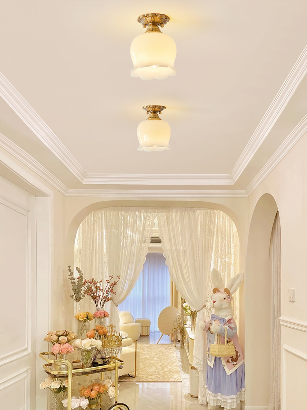 Vintage Ceiling Light  Brass  Beige Glass Tulip Shade - Product example