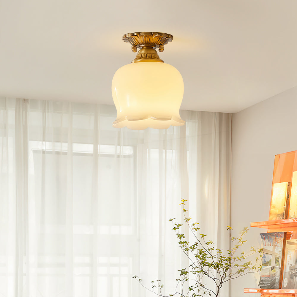 Vintage Ceiling Light  Brass  Beige Glass Tulip Shade - Detailed view