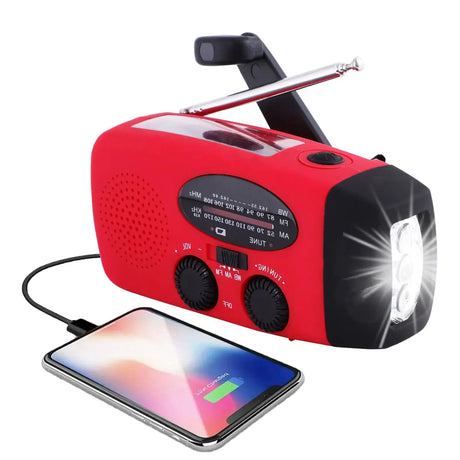 Emergency Weather Radio  Solar Powered LED Flashlight  Phone Charger - Product showcase