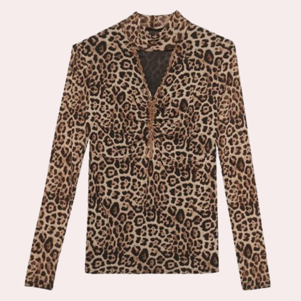 Leopard Print Mesh Top  Choker Neck Design - Product example