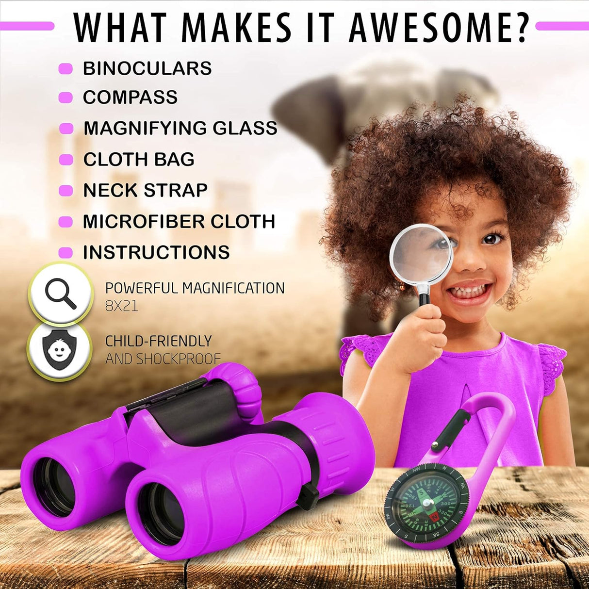 Kids Binoculars  8x21 Compact Outdoor Adventure Set - Detailed view