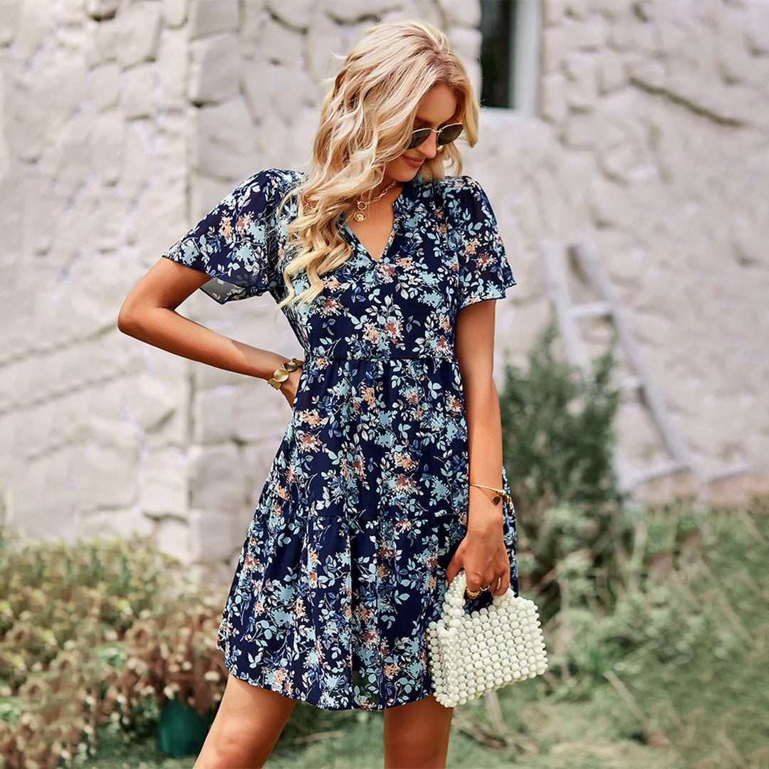 Floral Summer Mini Dress  V-Neck Tiered Design - Product detail 5