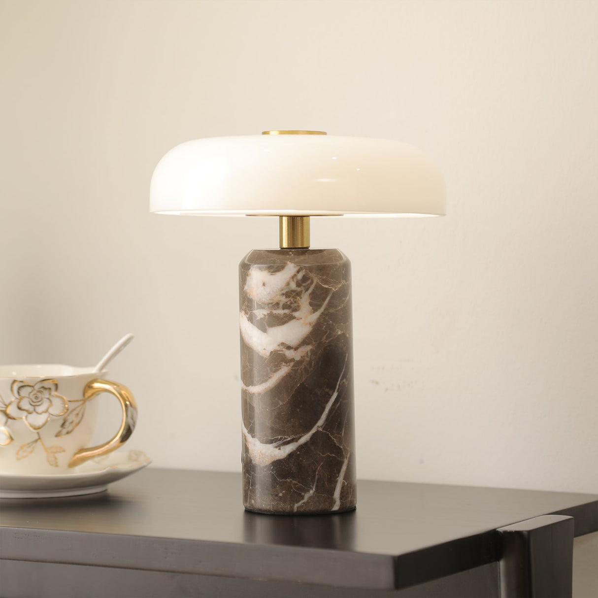 Modern Marble Table Lamp  White Glass Dome Shade - Detailed view