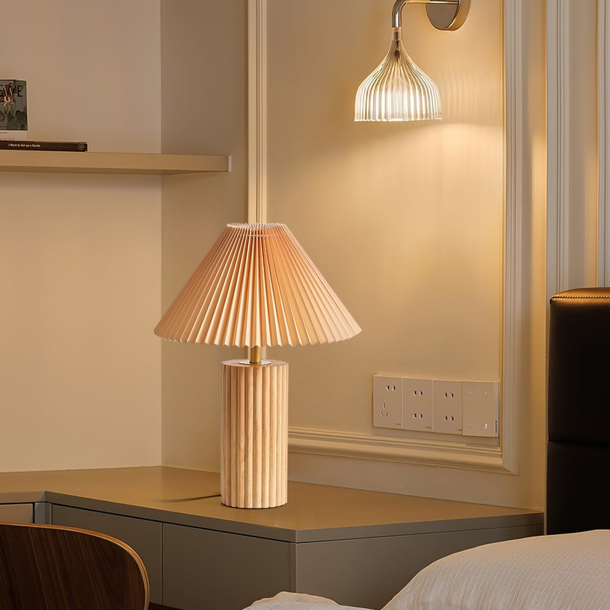 Scandinavian Table Lamp  Pleated Shade Wood Base - Product detail 6