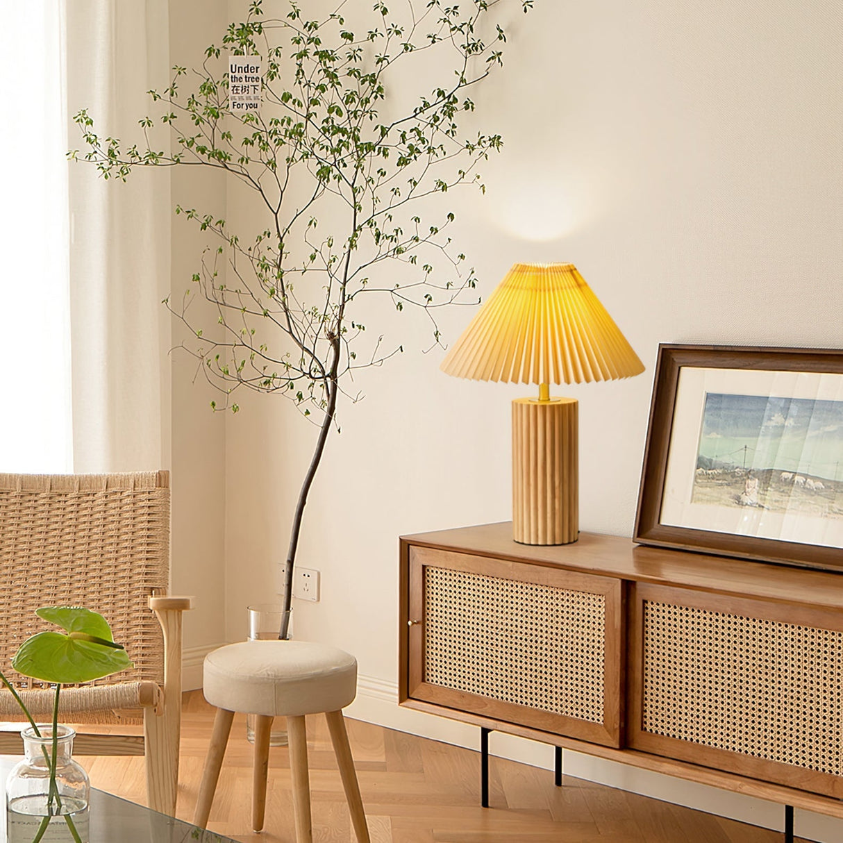 Scandinavian Table Lamp  Pleated Shade Wood Base - Product example