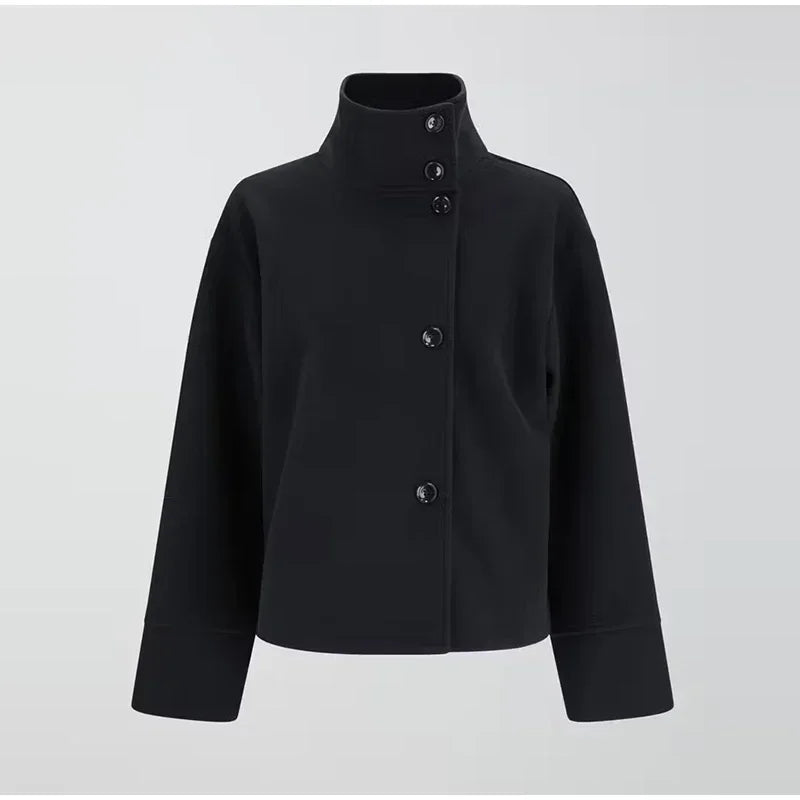 Womens Short Wool Coat  Stand Collar Button Closure - Product showcase