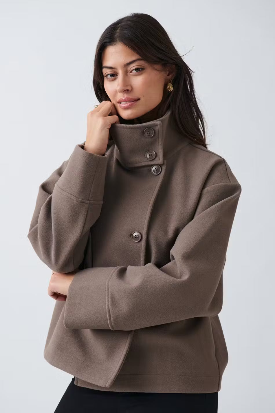 Womens Short Wool Coat  Stand Collar Button Closure - Detailed view