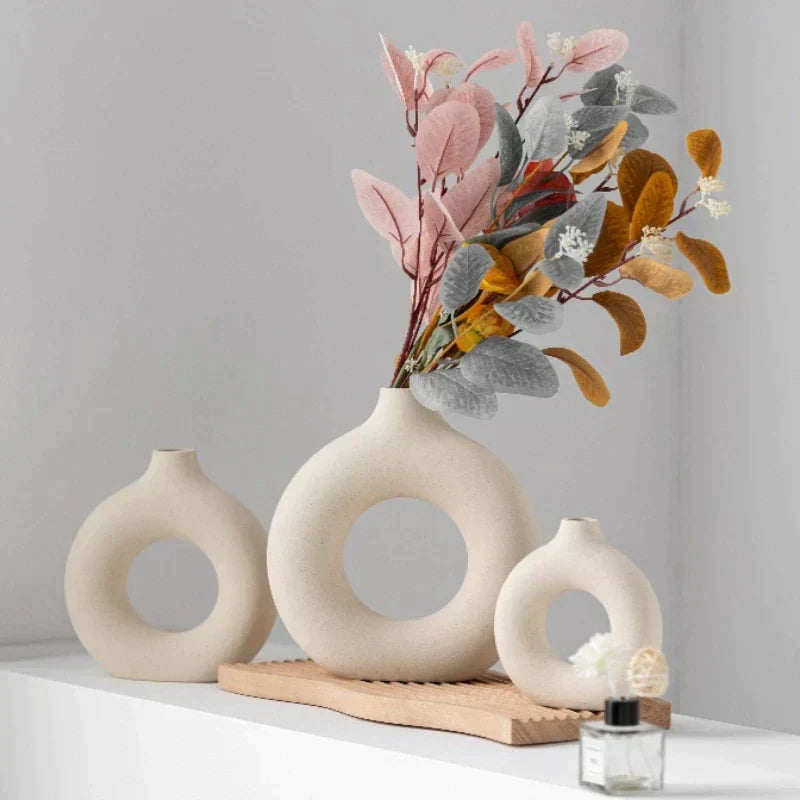 Modern Ceramic Vase Set  Hollow Circle Design - Product showcase