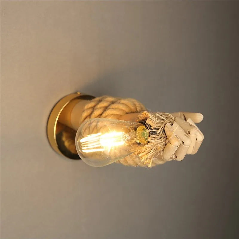 Vintage Hemp Rope Wall Light  Wooden Hand Industrial Sconce - Detailed view