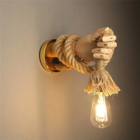 Vintage Hemp Rope Wall Light  Wooden Hand Industrial Sconce - Product showcase