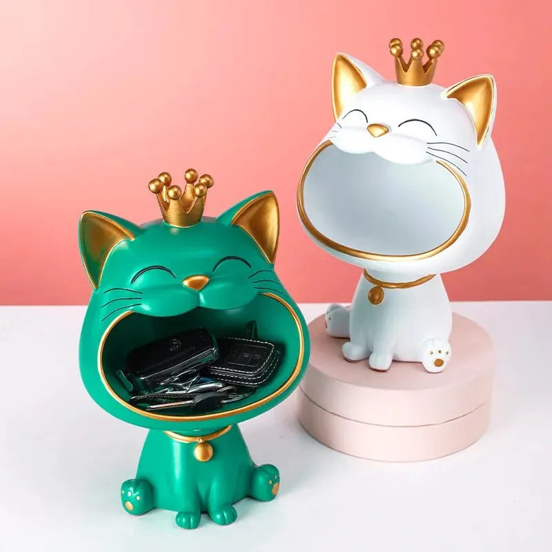 Decorative Cat Fruit Bowl  Crown Detail White Resin Design - Product example