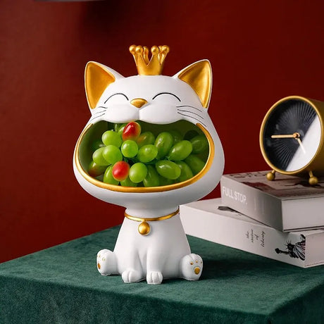 Decorative Cat Fruit Bowl  Crown Detail White Resin Design - Product detail 5