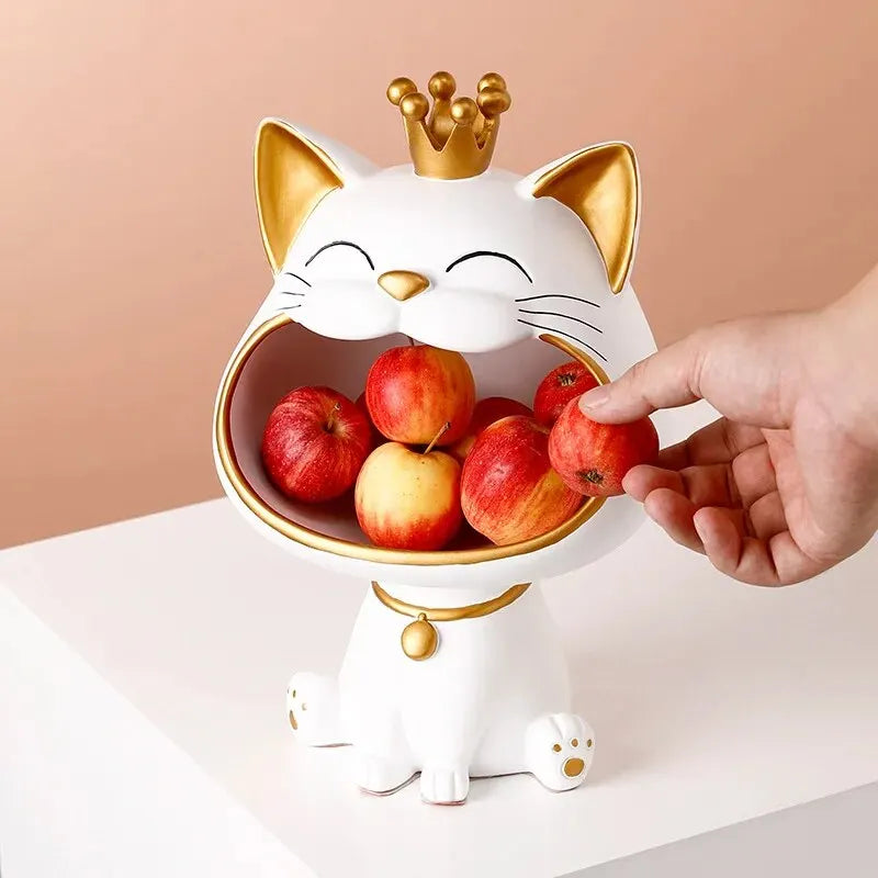 Decorative Cat Fruit Bowl  Crown Detail White Resin Design - Detailed view