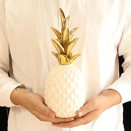 Tropical Pineapple Decor  White Resin With Gold Crown - Product showcase