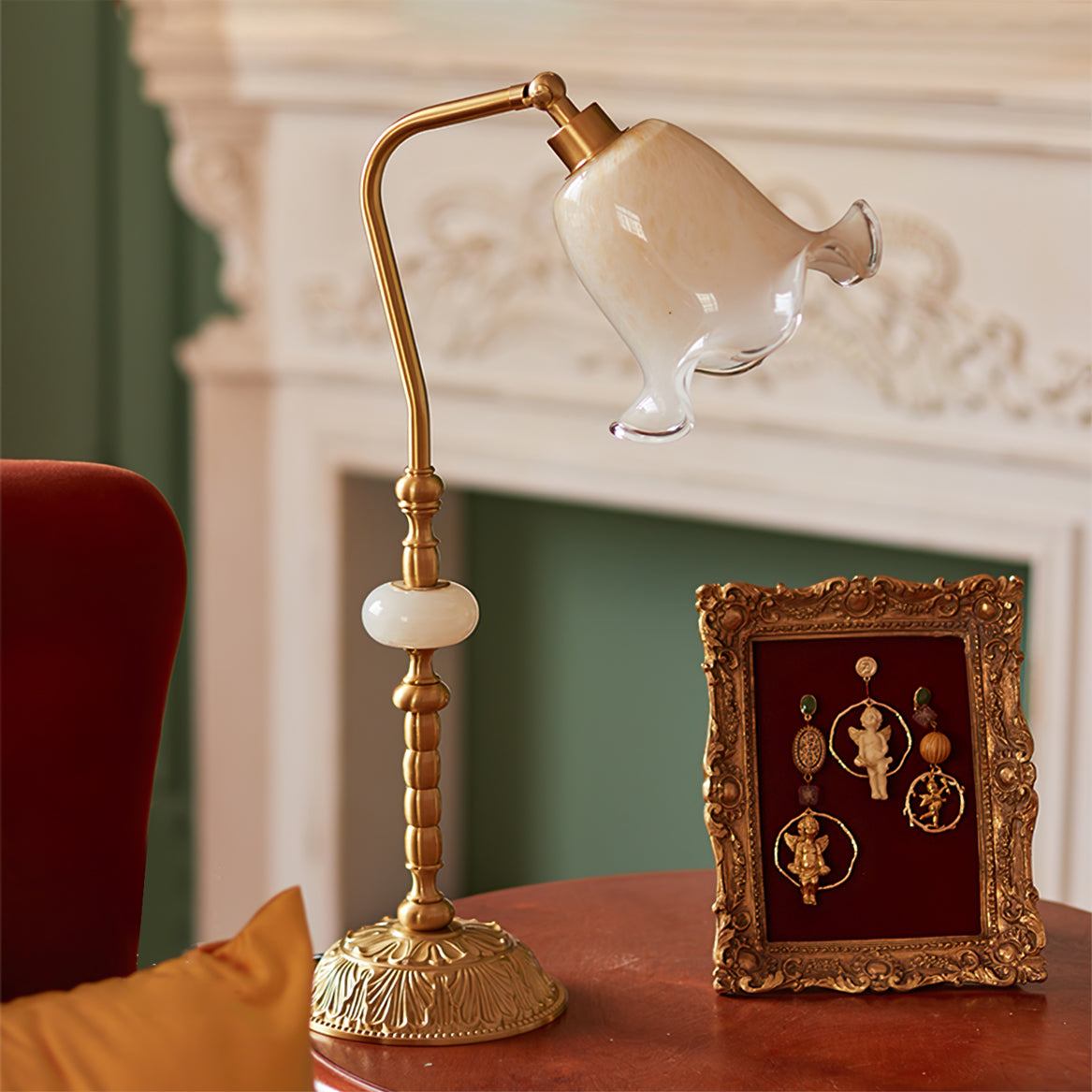 Vintage Table Lamp  Brass Base With Glass Floral Shade - Detailed view