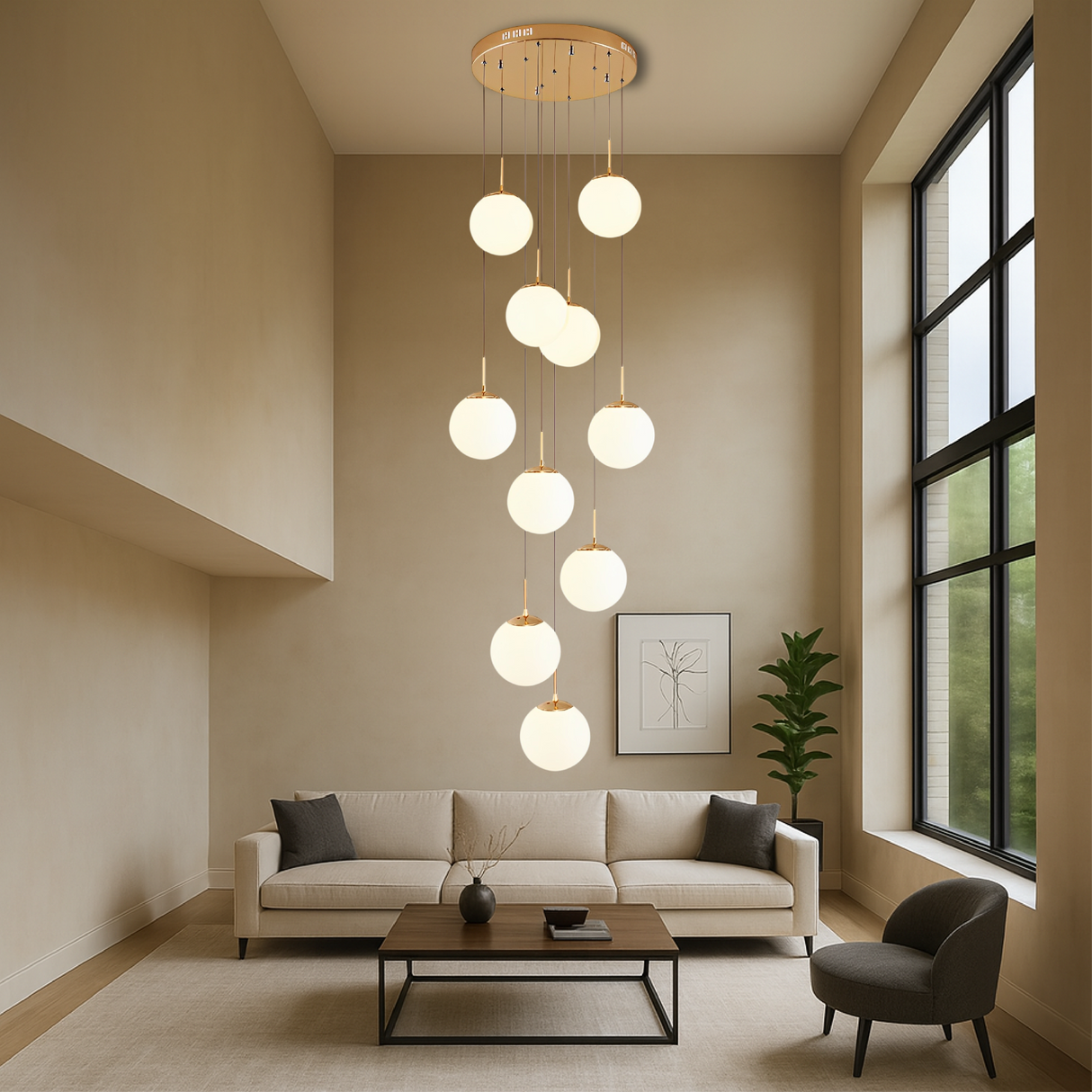 Modern Staircase Chandelier  Cascading Glass Spheres With Gold Trim - Product detail 4