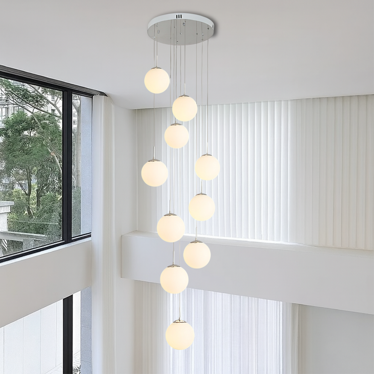 Modern Staircase Chandelier  Cascading Glass Spheres With Gold Trim - Product detail 5