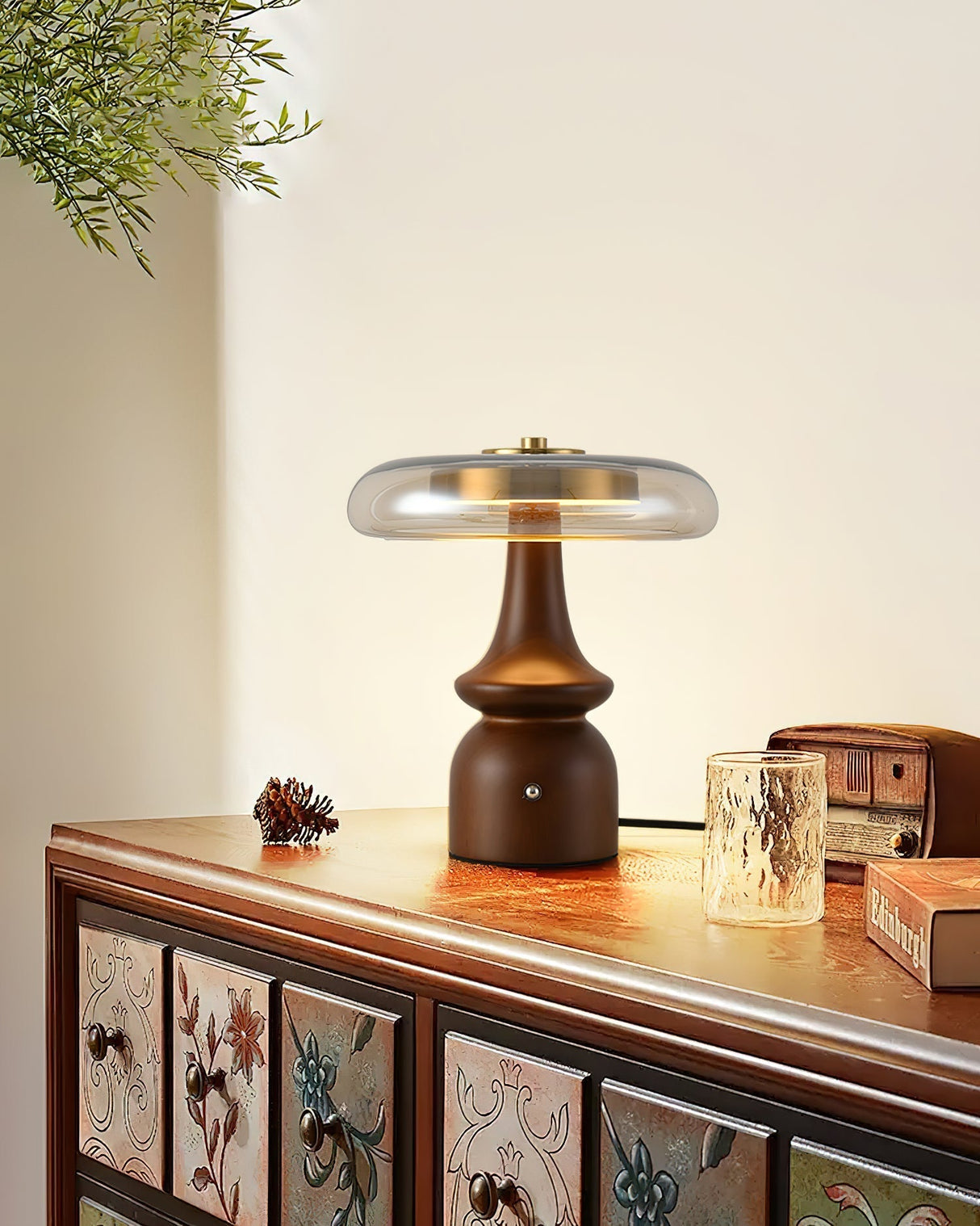 Modern Accent Table Lamp  Amber Glass Dome with Walnut Base - Product detail 16