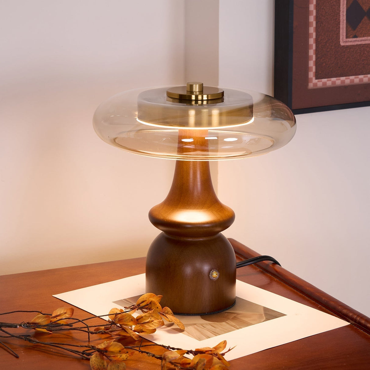 Modern Accent Table Lamp  Amber Glass Dome with Walnut Base - Product detail 4