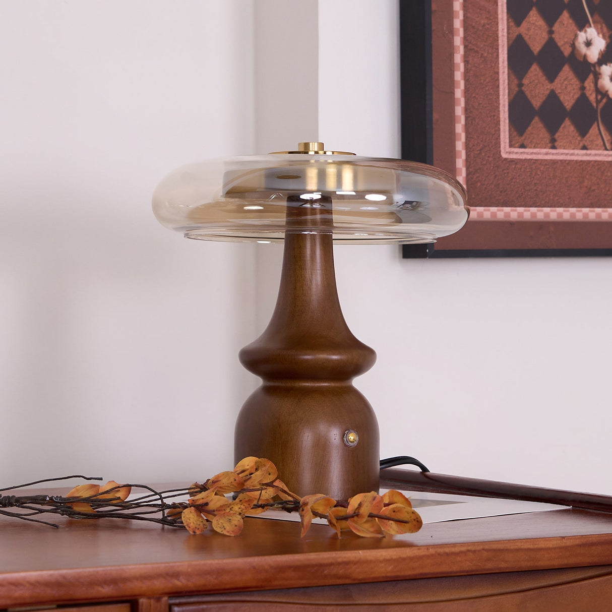 Modern Accent Table Lamp  Amber Glass Dome with Walnut Base - Product detail 10