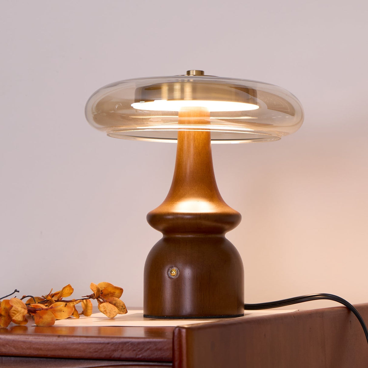 Modern Accent Table Lamp  Amber Glass Dome with Walnut Base - Product detail 7
