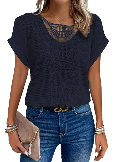 Crochet Knit Blouse  Elegant Lace Panel Design - Product detail 8
