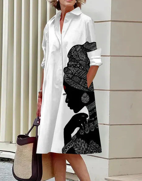 Artistic Cotton Shirt Dress  Black Silhouette Print Design - Product showcase