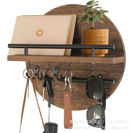 Modern Wall Key Holder  Round Wood Shelf With Hooks - Product showcase
