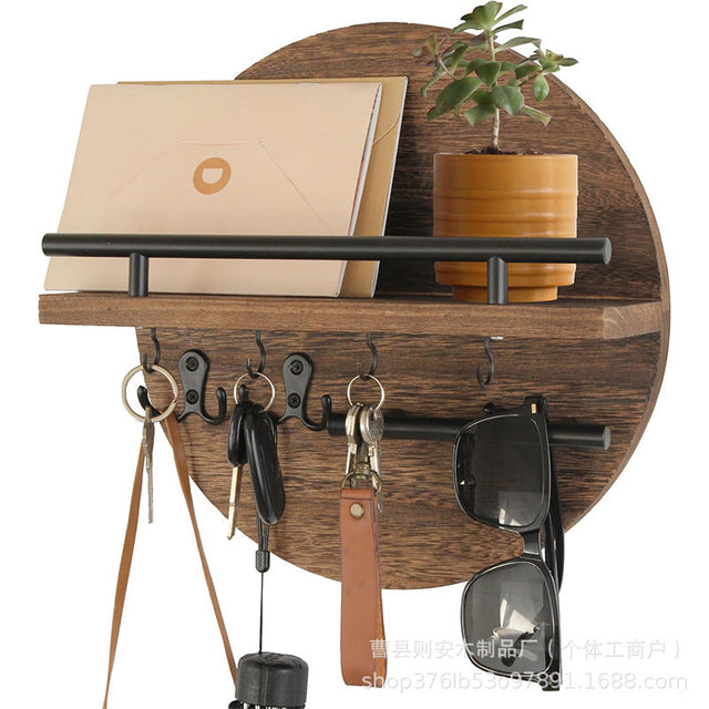 Modern Wall Key Holder  Round Wood Shelf With Hooks - Product showcase