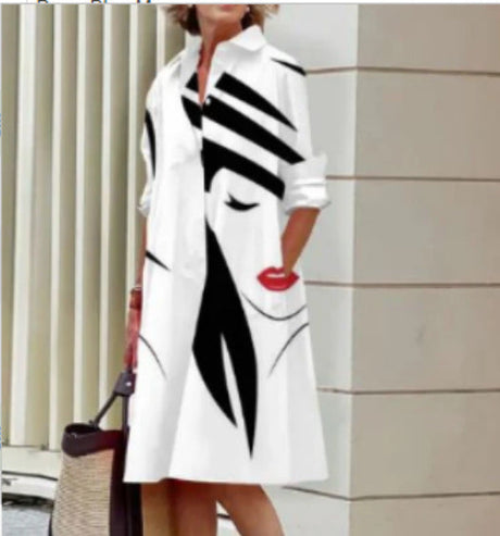 Artistic Cotton Shirt Dress  Black Silhouette Print Design - Product detail 5
