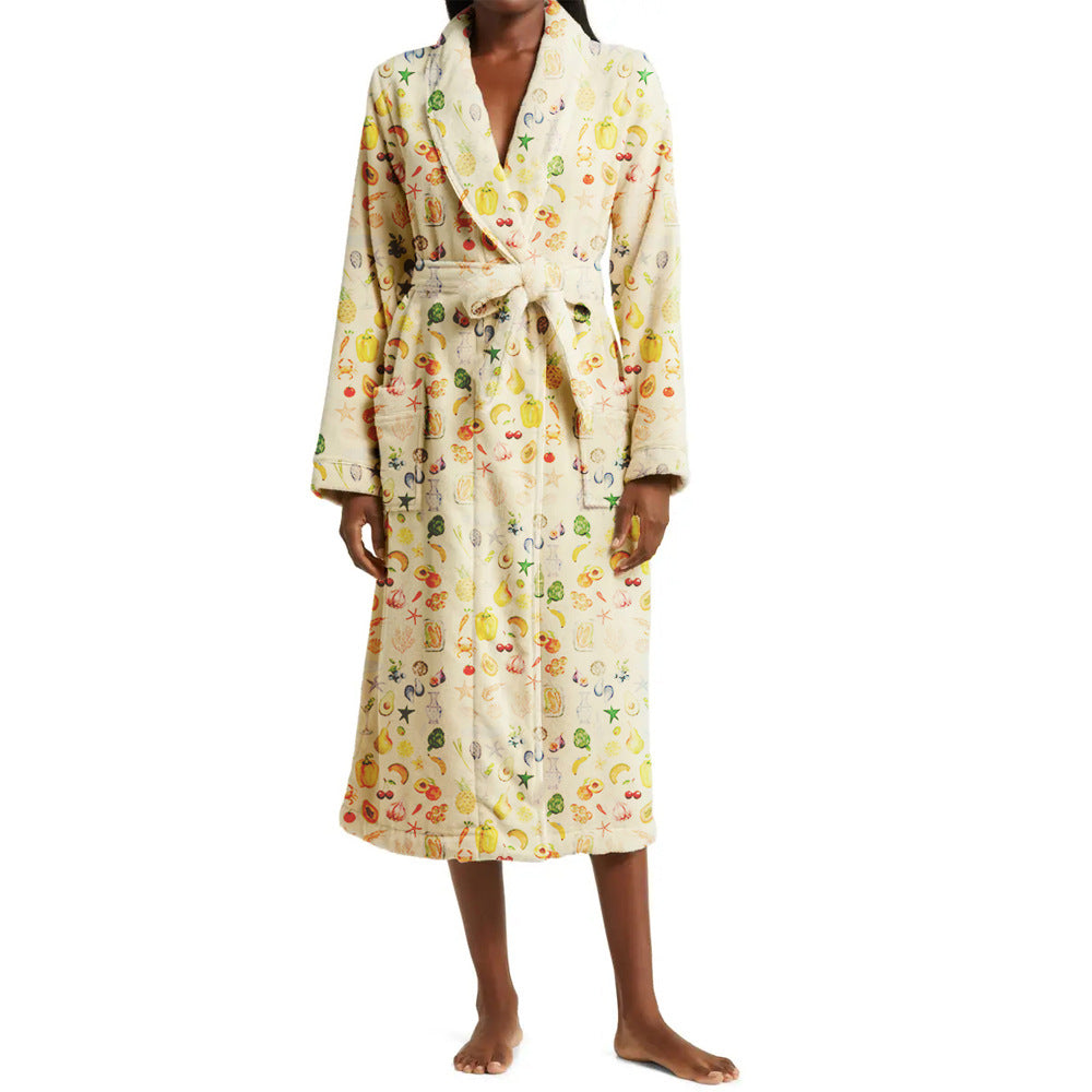 Floral Womens Bathrobe  Soft Velvet Fruit Print Design - Product showcase