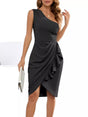 One Shoulder Cocktail Dress  Ruffle Detail Midi Length - Product showcase