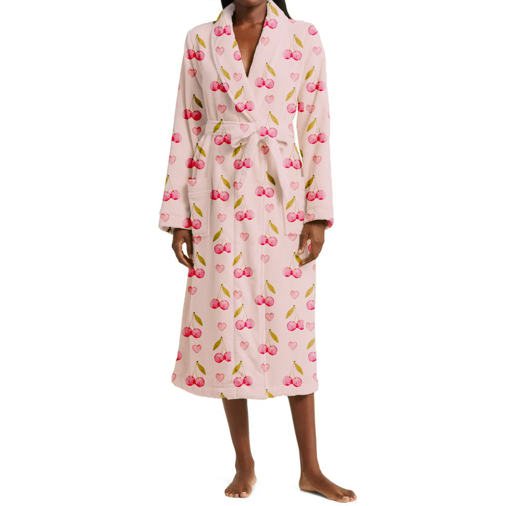 Floral Womens Bathrobe  Soft Velvet Fruit Print Design - Product detail 4