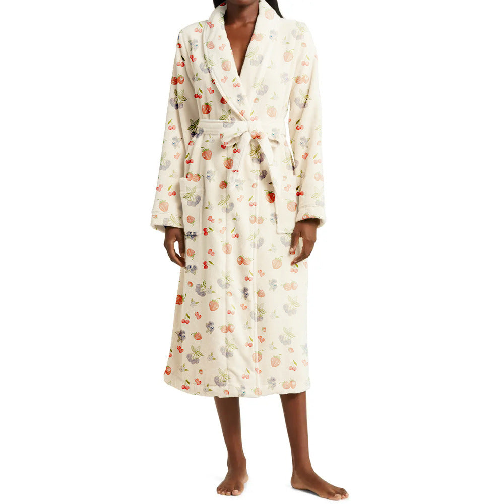 Floral Womens Bathrobe  Soft Velvet Fruit Print Design - Product example