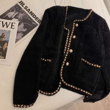 Classic Velvet Jacket  Pearl Button Gold Trim Detail - Product example