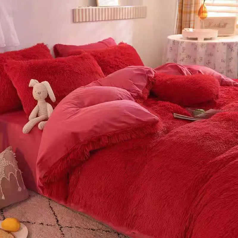 Plush Velvet Bedding Set  Soft Pink Duvet Cover with Pompom Trim - Product detail 29