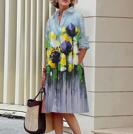 Artistic Cotton Shirt Dress  Black Silhouette Print Design - Product detail 11