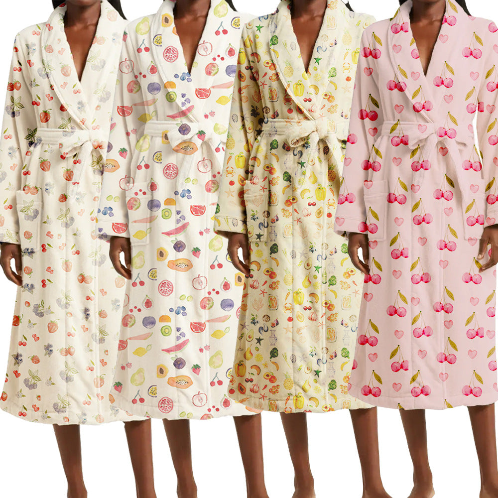 Floral Womens Bathrobe  Soft Velvet Fruit Print Design - Product detail 5