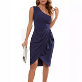 One Shoulder Cocktail Dress  Ruffle Detail Midi Length - Product detail 7
