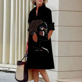 Artistic Cotton Shirt Dress  Black Silhouette Print Design - Product detail 12