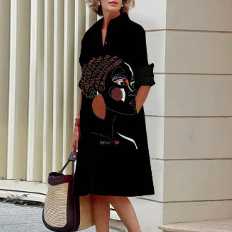 Artistic Cotton Shirt Dress  Black Silhouette Print Design - Product detail 12