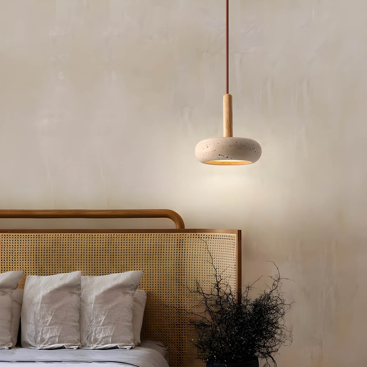 Natural Stone Pendant Light  Yellow Travertine With Wood Accent - Product detail 4