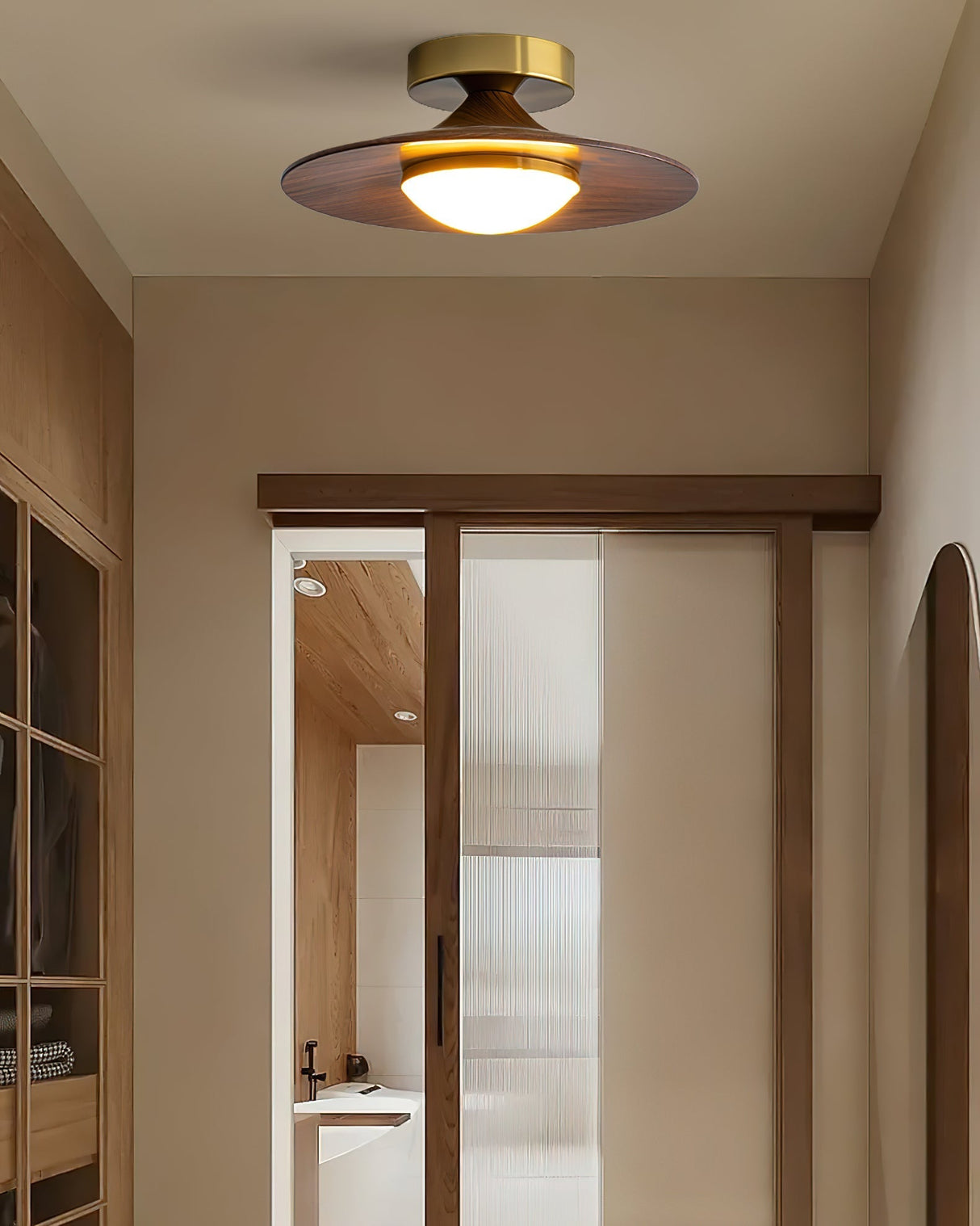 Modern Ceiling Light  Walnut Wood and Gold Disc Design - Product detail 9