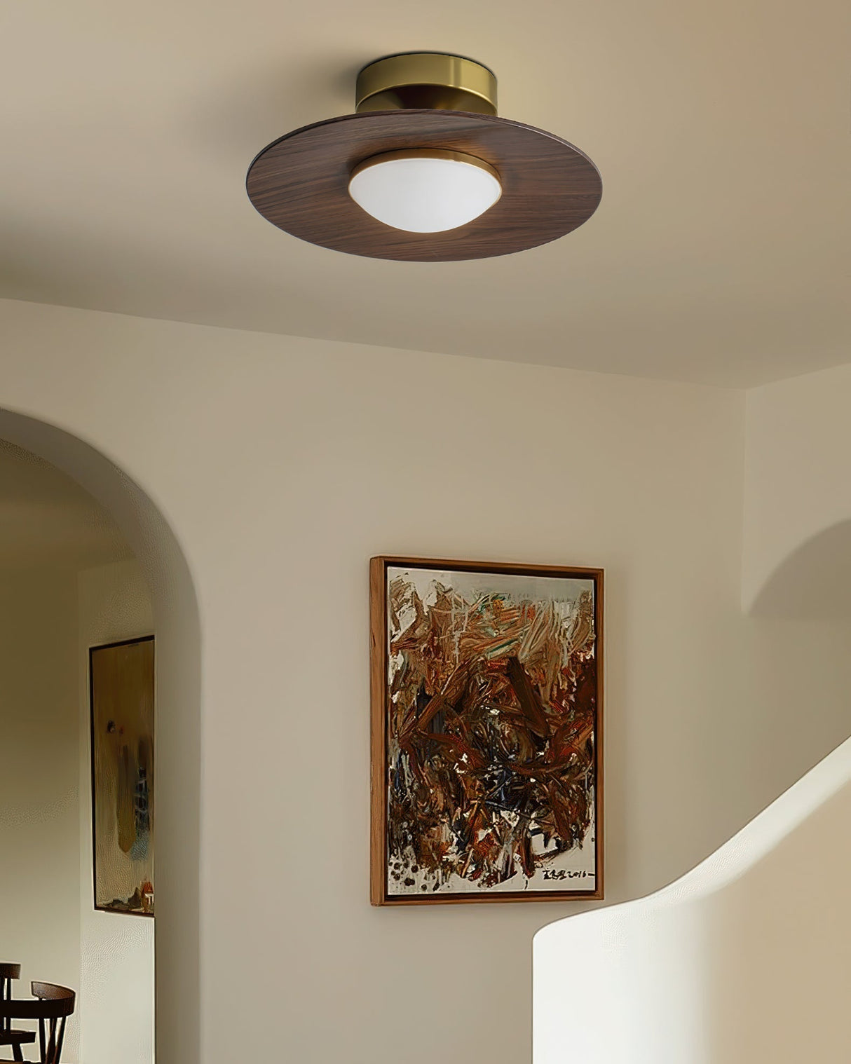 Modern Ceiling Light  Walnut Wood and Gold Disc Design - Product detail 4
