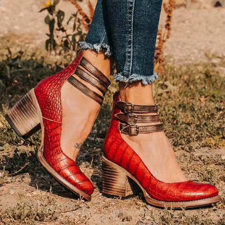 Vintage Block Heel Pumps  Red Leather Double Ankle Strap - Product detail 11