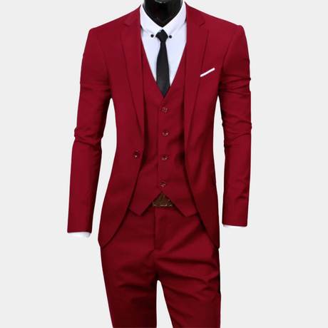 Classic Three Piece Suit  Wine Red Cotton Slim Fit Design - Product showcase