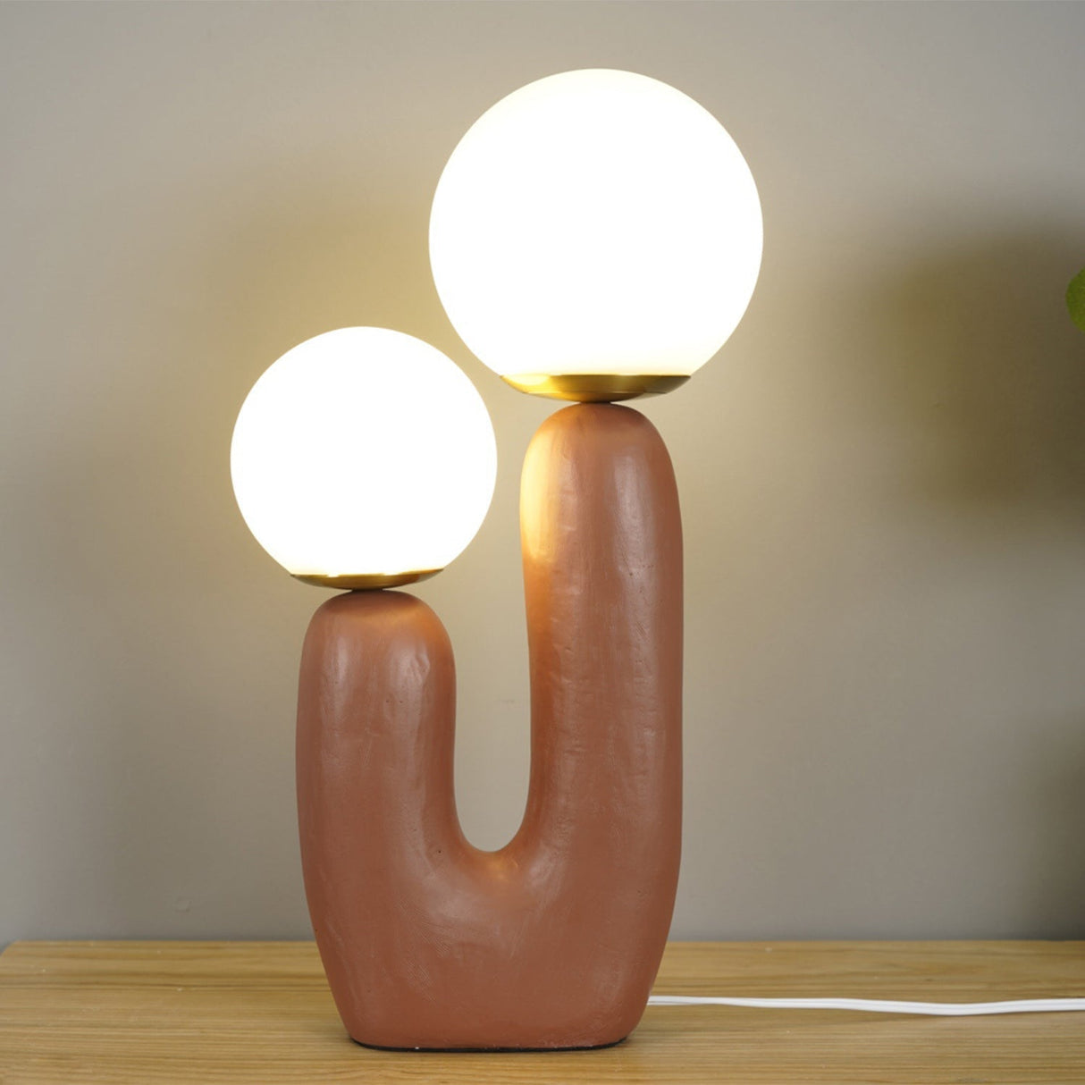Modern Glass Table Lamp  Pink Resin Base With Dual Globes - Detailed view