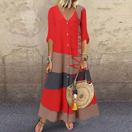 Color Block Maxi Dress  V-Neck Button Front Design - Product detail 8