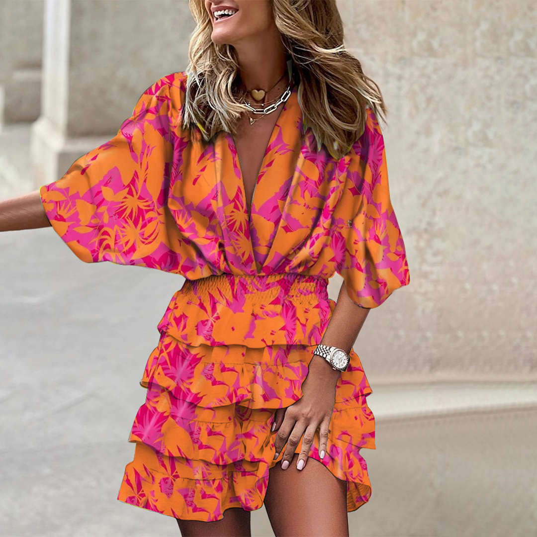 Tropical Print Mini Dress  Black and Beige Palm Leaf Pattern - Product detail 5